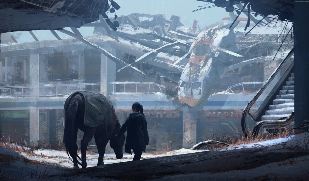 Девушка с лошадью в руинах аэропорта