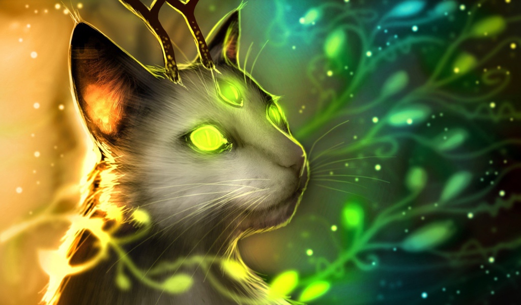 Зеленоглазый кот с рогами оленя