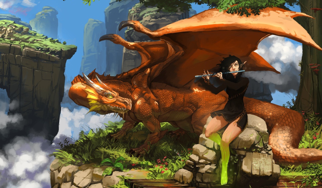 Парень играет на флейте для дракона