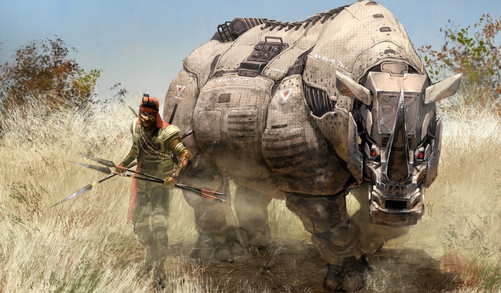 Мужчина с роботом носорогом