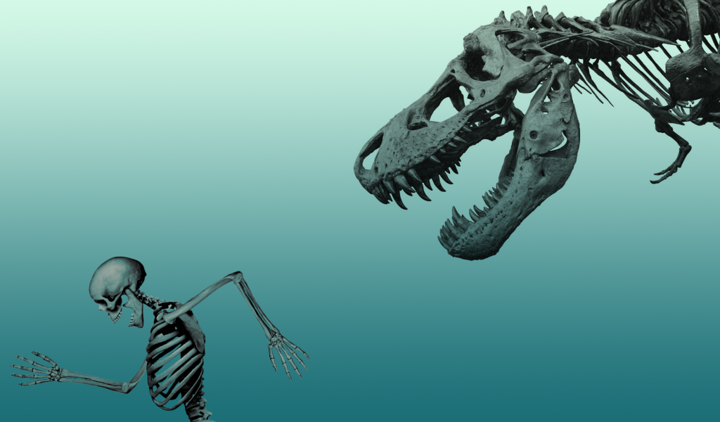 Скелет динозавра гонится за скелетом человека