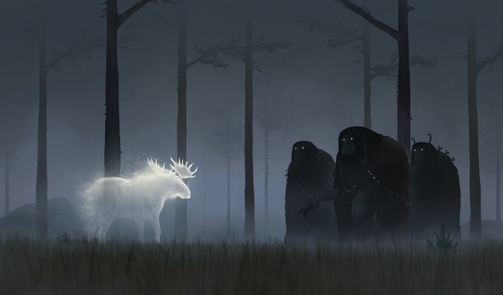 Призрак оленя в темном лесу