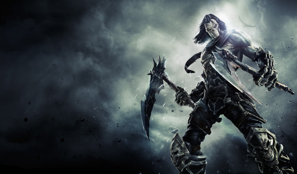 Воин в маске черепа с топорами