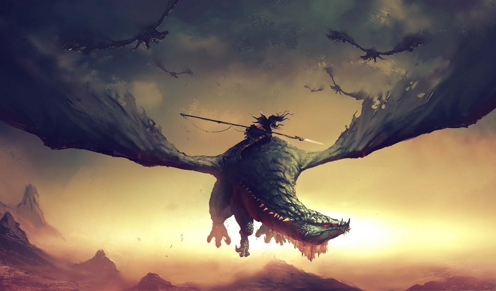 Воин с копьем верхом на драконе