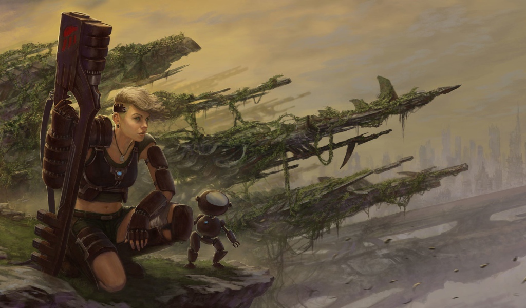 Девушка солдат с роботом помощником