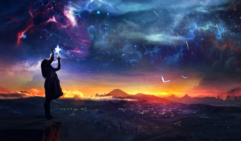 Женщина поправляет звезды в небе