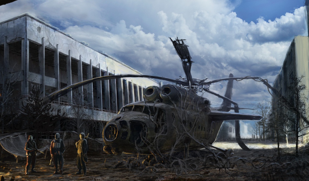 Разбитый вертолет зарос, постапокалипсис