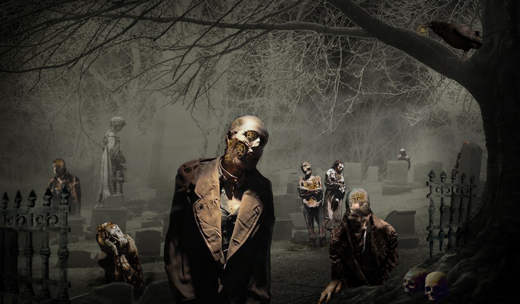 Зомби среди памятников на кладбище