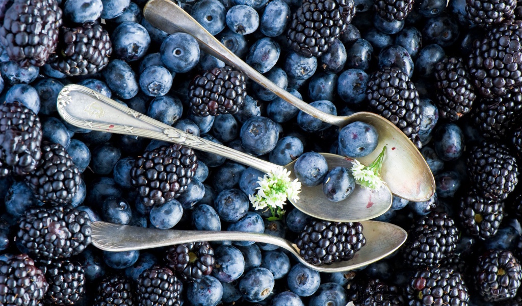 Ложки среди ягод черники и ежевики