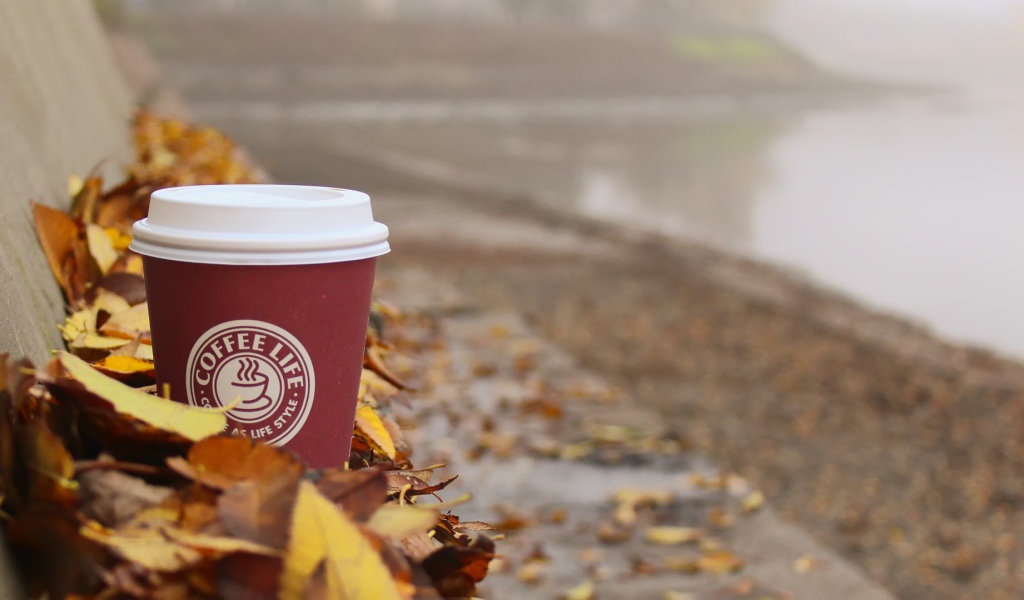Стакан кофе из Старбакс среди листьев