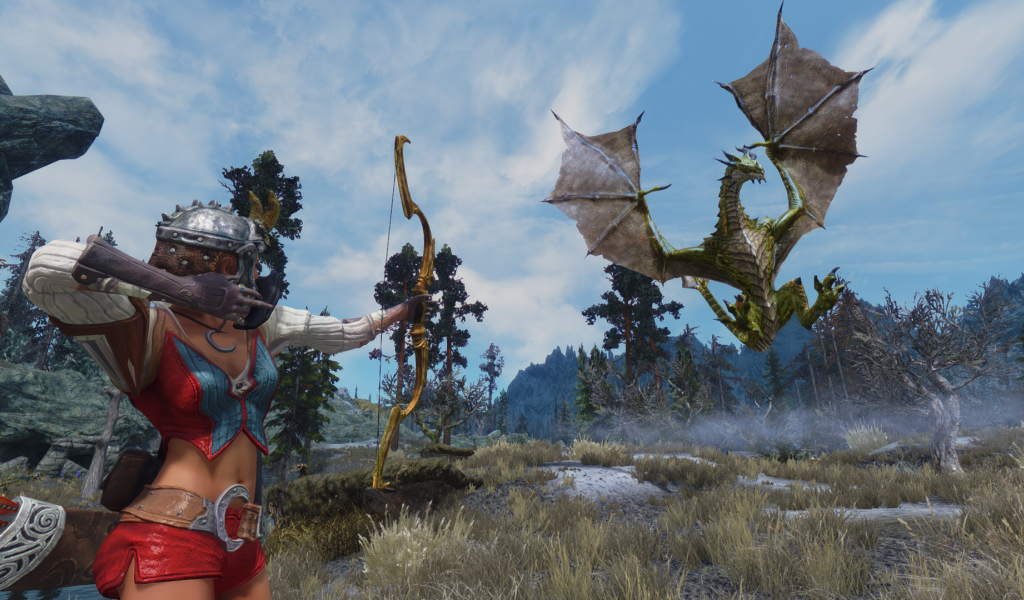 Лучница поражает дракона в игре The Elder Scrolls V Skyrim