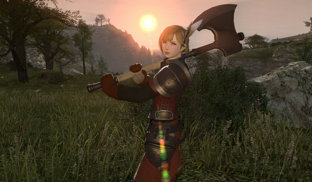 Топор на плече девушки из игры Final Fantasy XIV