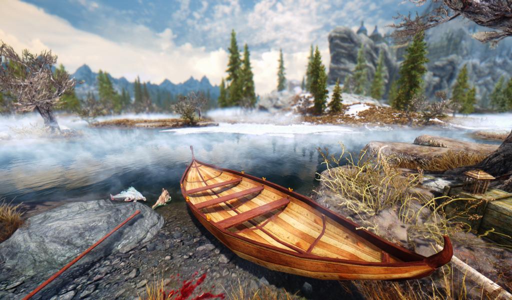 Лодка у реки в игре The Elder Scrolls V Skyrim