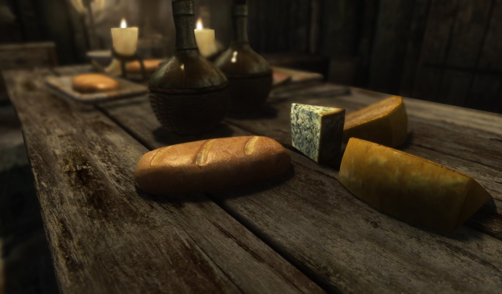 Хлеб и куски сыра на столе в игре