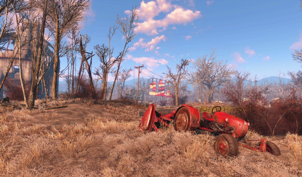 Разбитый трактор в поле, игра Fallout 4
