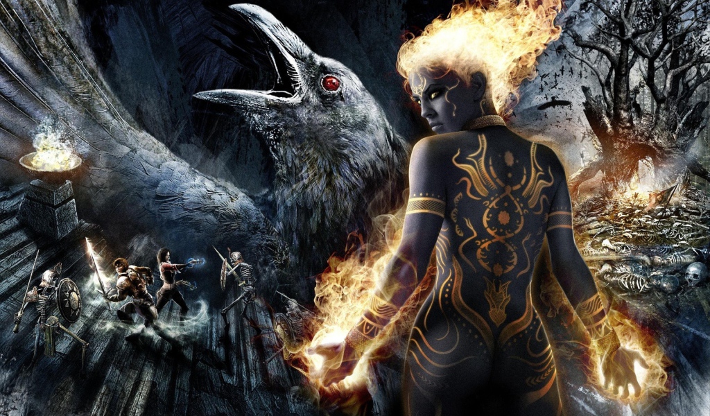 Девушка и ворон в игре Dungeon Siege III