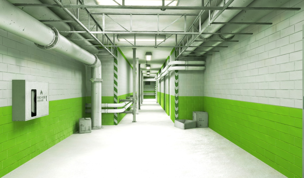 Зеленый интерьер подвала, игра Mirror's Edge