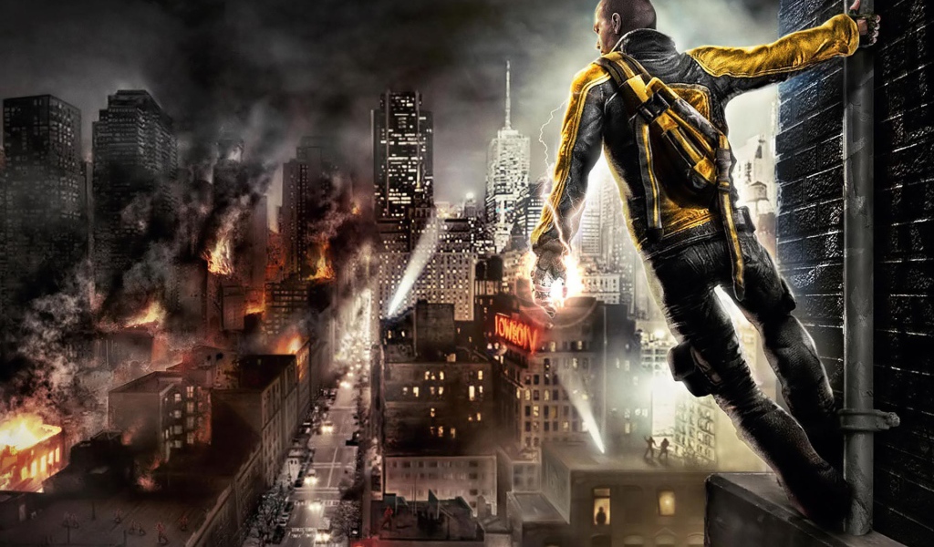 Герой видеоигры смотрит на пылающий город