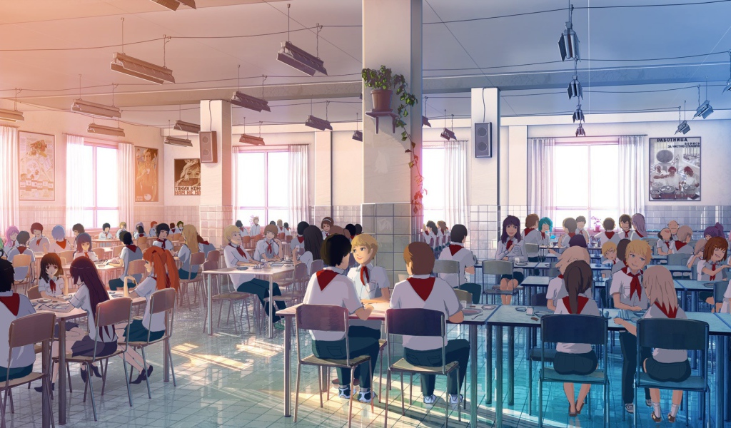 Пионеры в столовой в игре Бесконечное лето