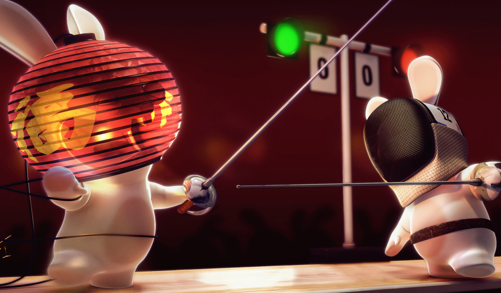 Кролики занимаются фехтованием, игра Rayman Raving Rabbids