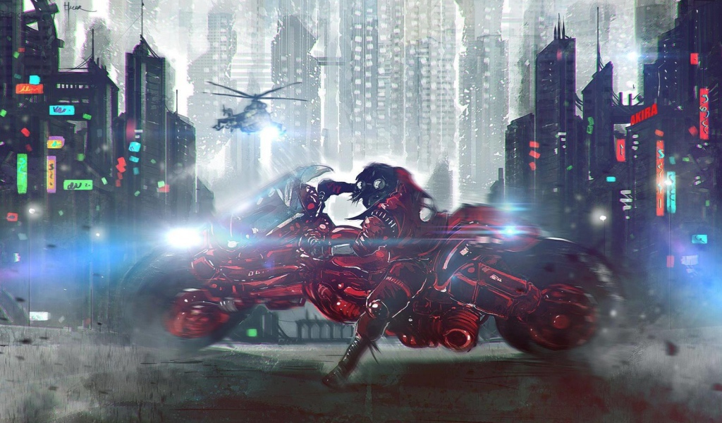 Гонщик Акира уходит от погони на вертолетах