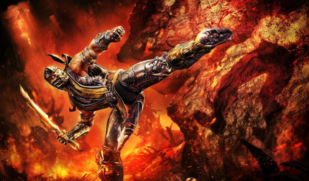 Скорпион на фоне огня в игре Mortal Kombat