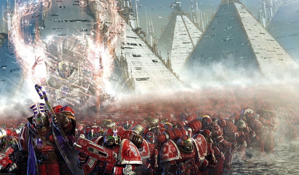 Солдаты на фоне пирамид в игре Warhammer 40000