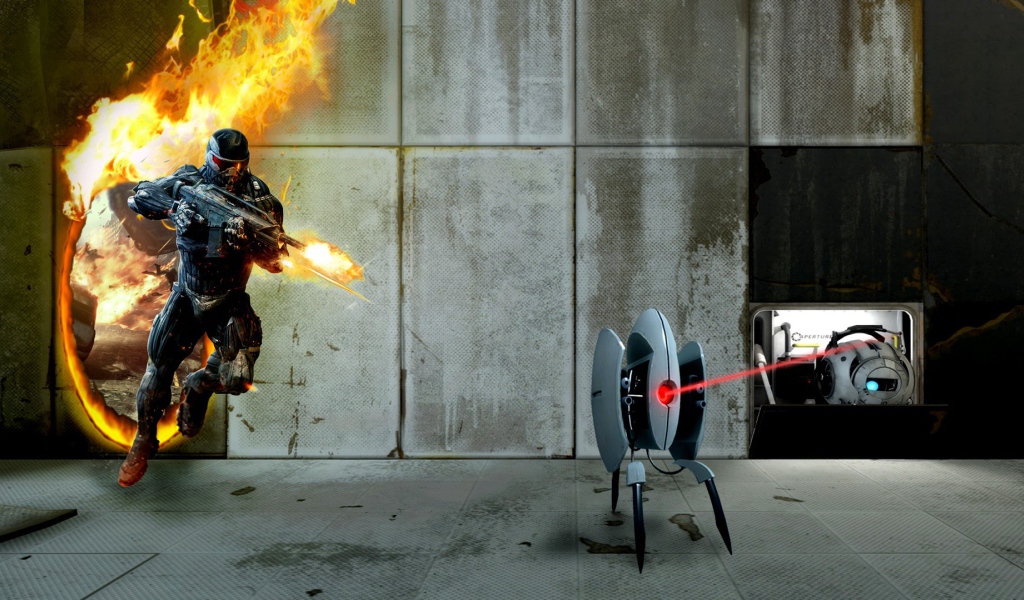 Солдат атакует лазерного робота в игре Портал 2