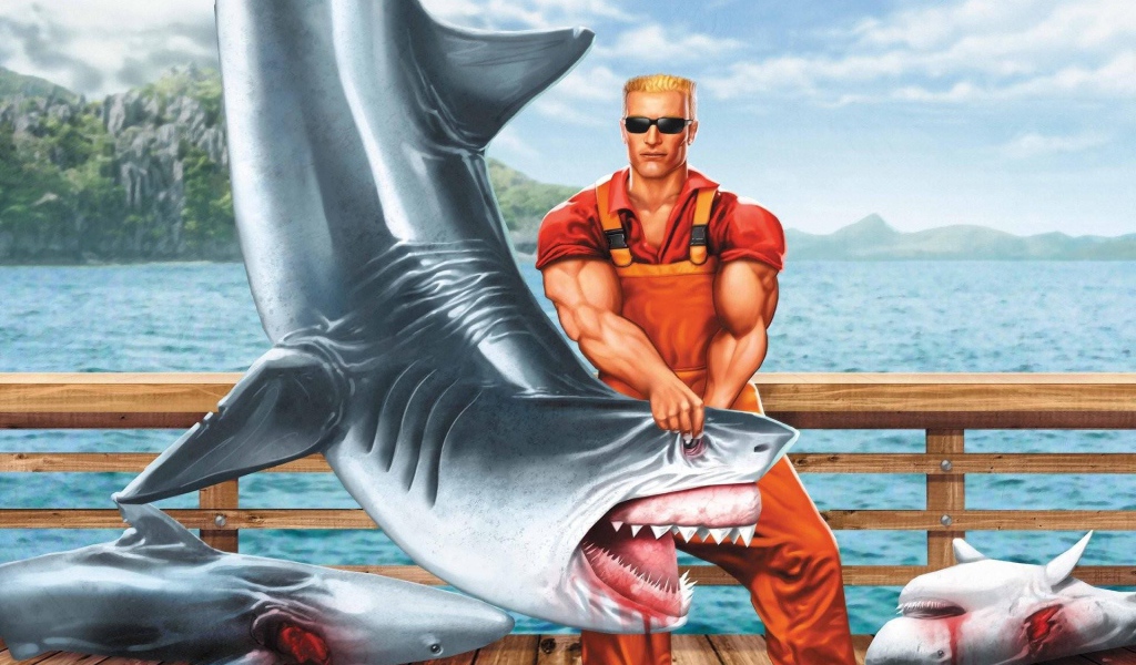 Герой игры Duke Nukem с акулой