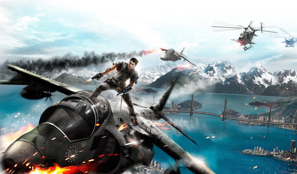 Герой игры Just Cause 2 на крыше истребителя