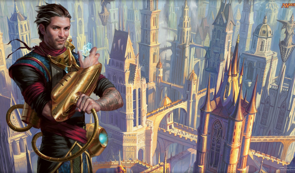Герой игры Magic the Gathering на фоне города