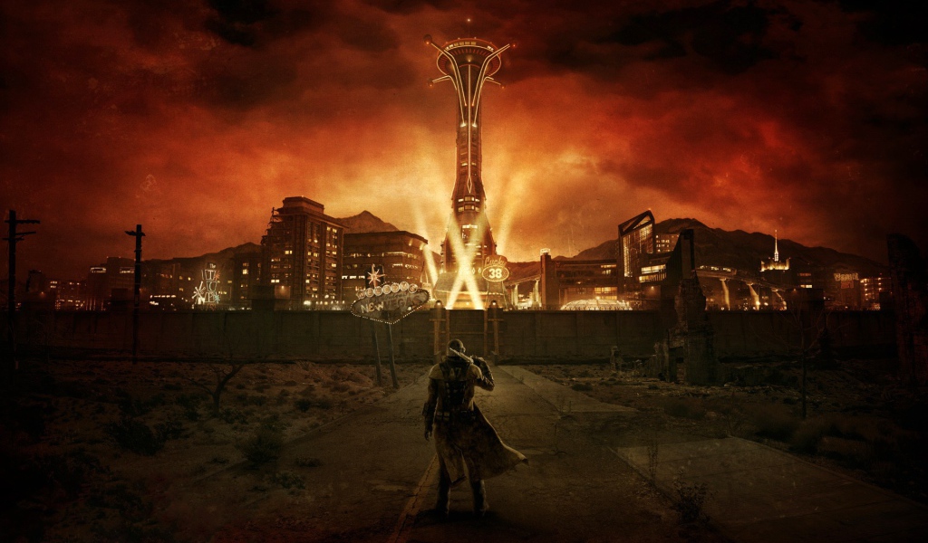 Герой игры перед стеной Нового Вегаса