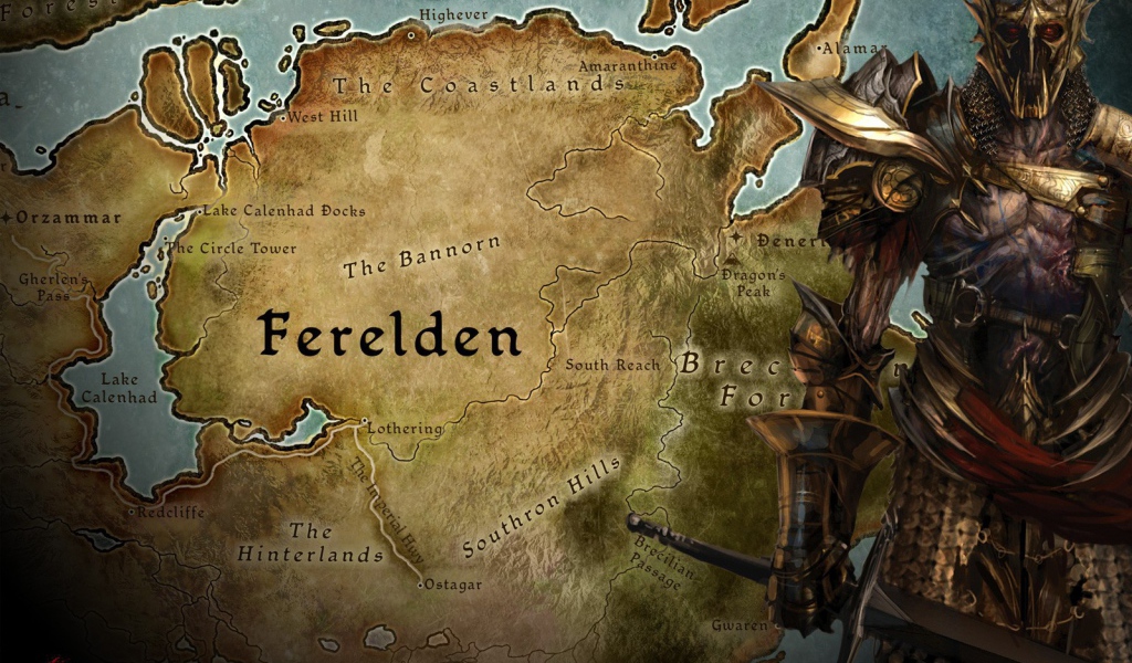 Воин на фоне карты игры Dragon Age Origins
