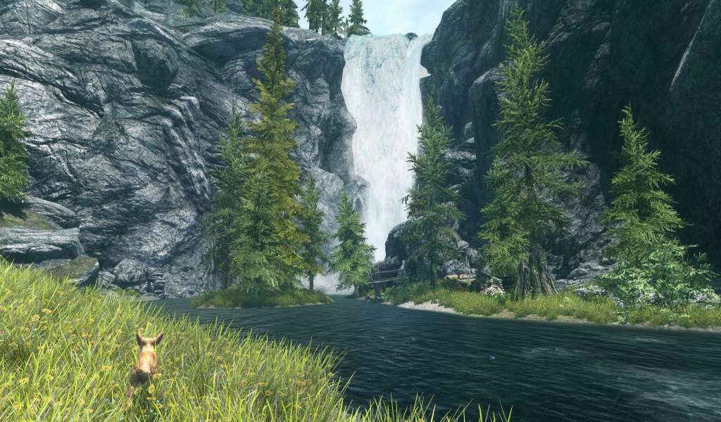 Водопад в зарослях в игре The Elder Scrolls V Skyrim