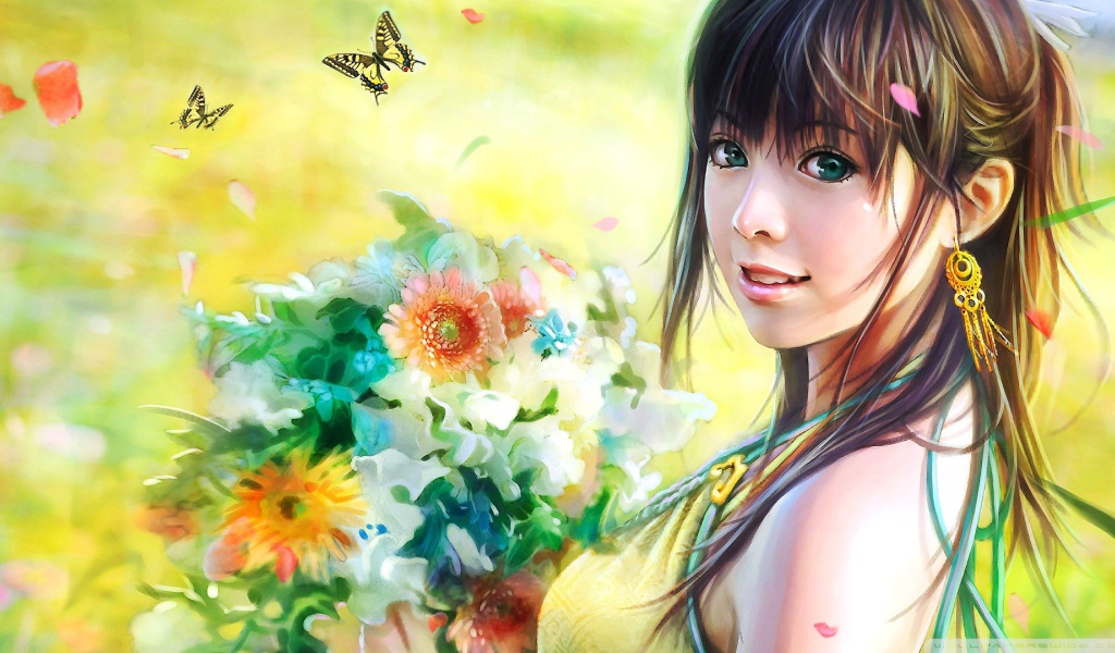 Милая японская девушка с букетом цветов