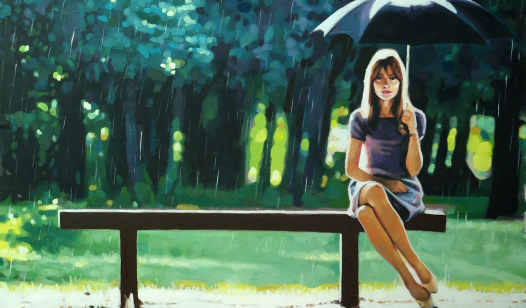 Девушка на скамье под зонтом