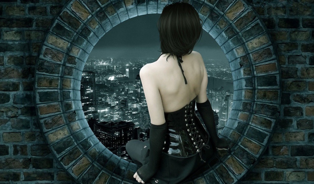 Девушка сидит на круглом окне