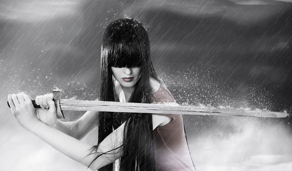 Девушка с мечом под дождем
