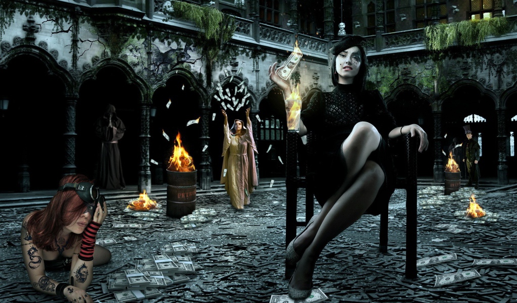 Девушки жгут доллары