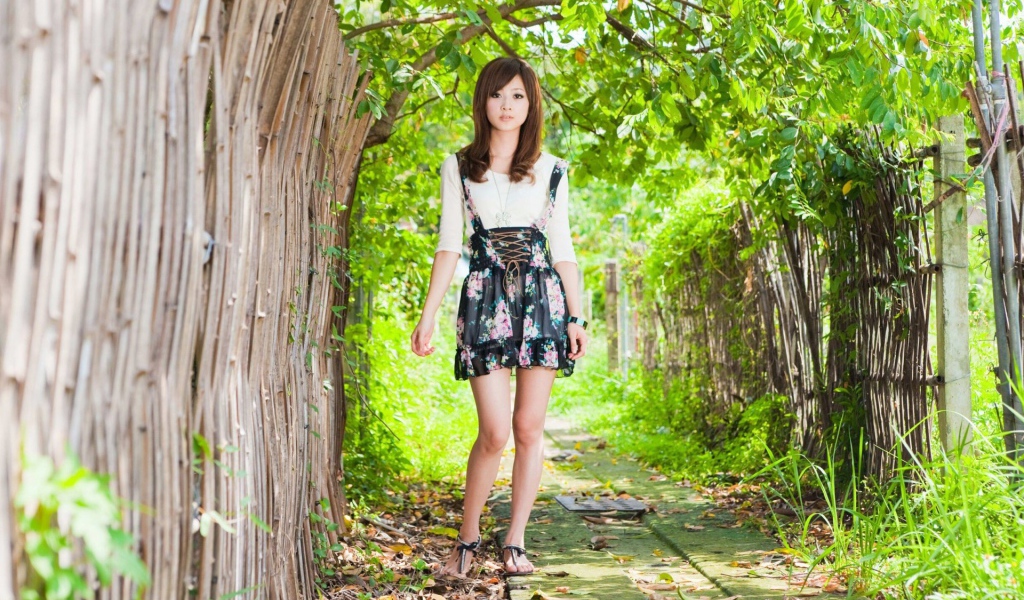 Японская девушка у бамбукового забора