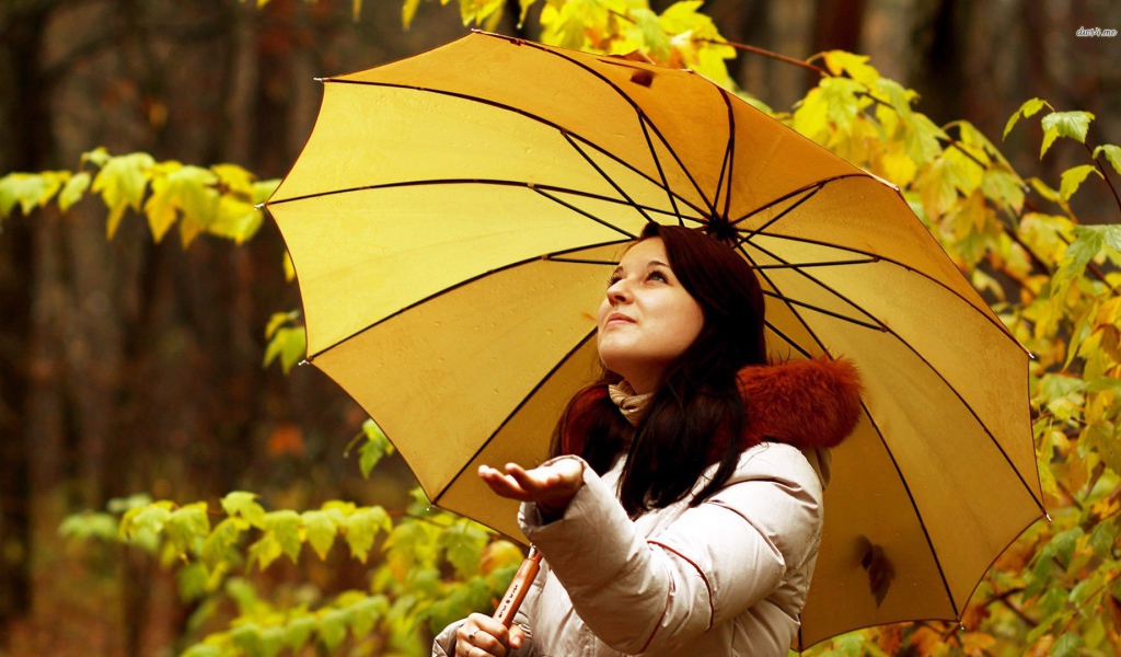 Милая девушка ловит капли осеннего дождя