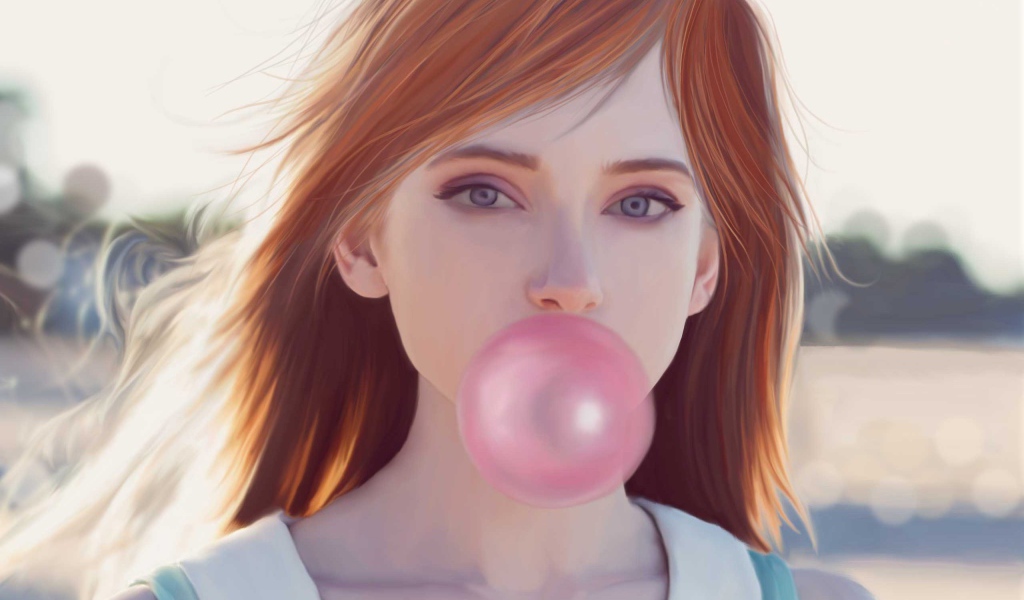 Рыжая девушка с розовой жевачкой