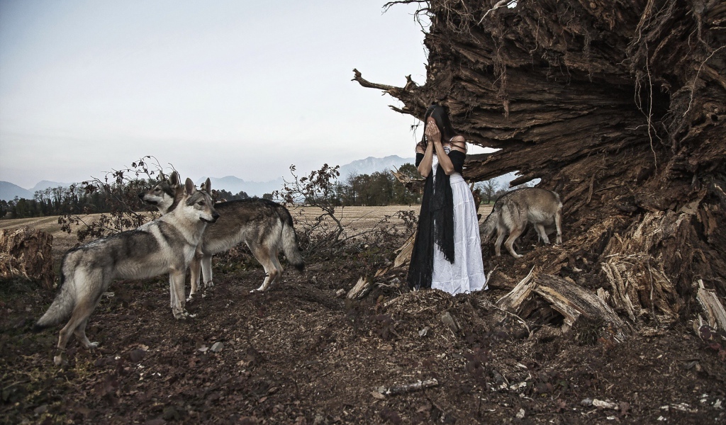 Девушка закрыла лицо в окружении волков