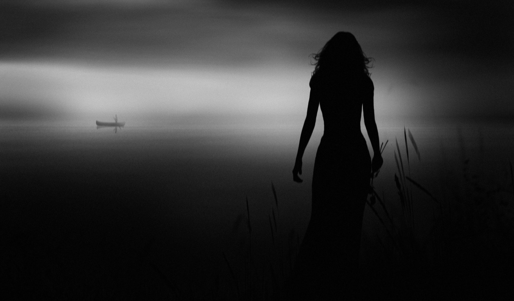 Силуэт девушки в прибрежном камыше