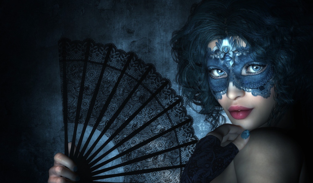 Девушка в маске с черным веером