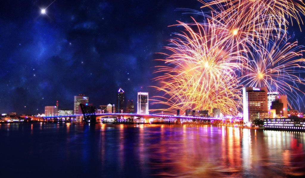 Праздничный фейерверк на звездном небе