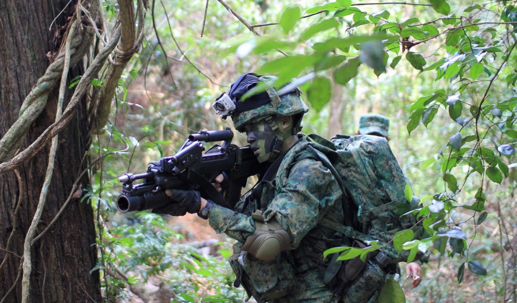 Солдат в камуфляже идет по лесу