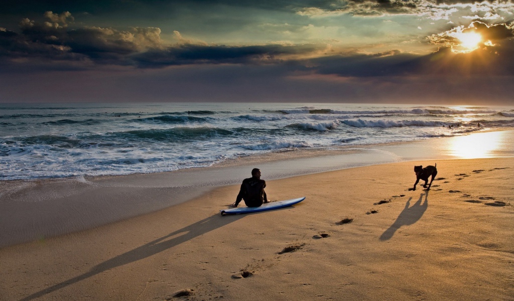 Серфер с собакой на пляже