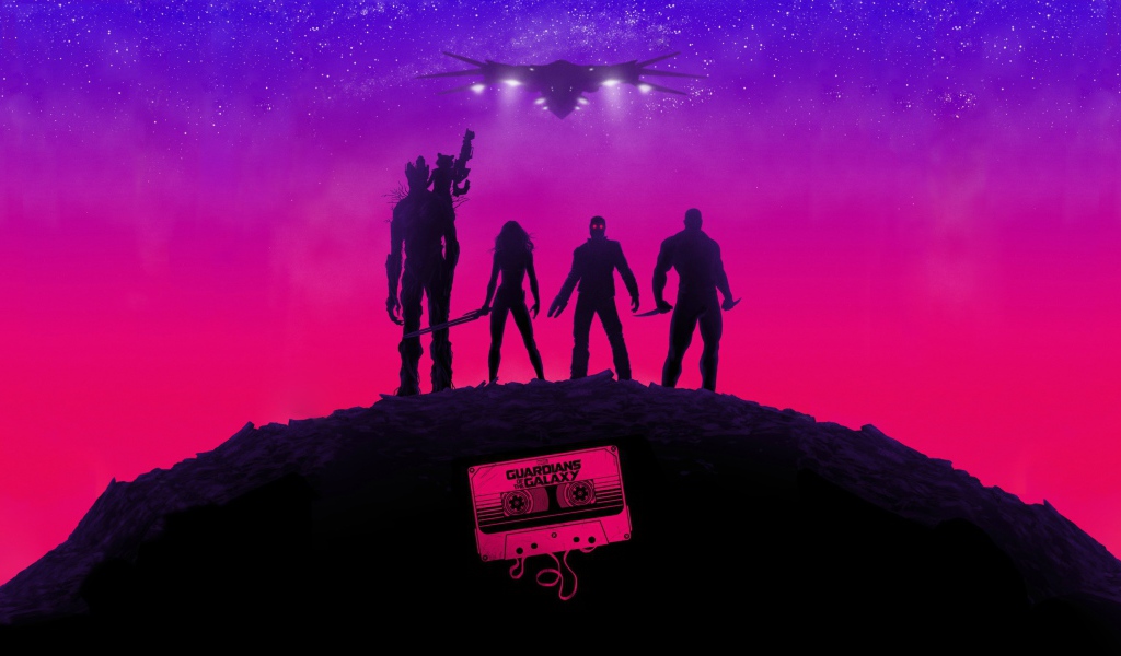 Силуэты Хранителей галактики на розовом фоне