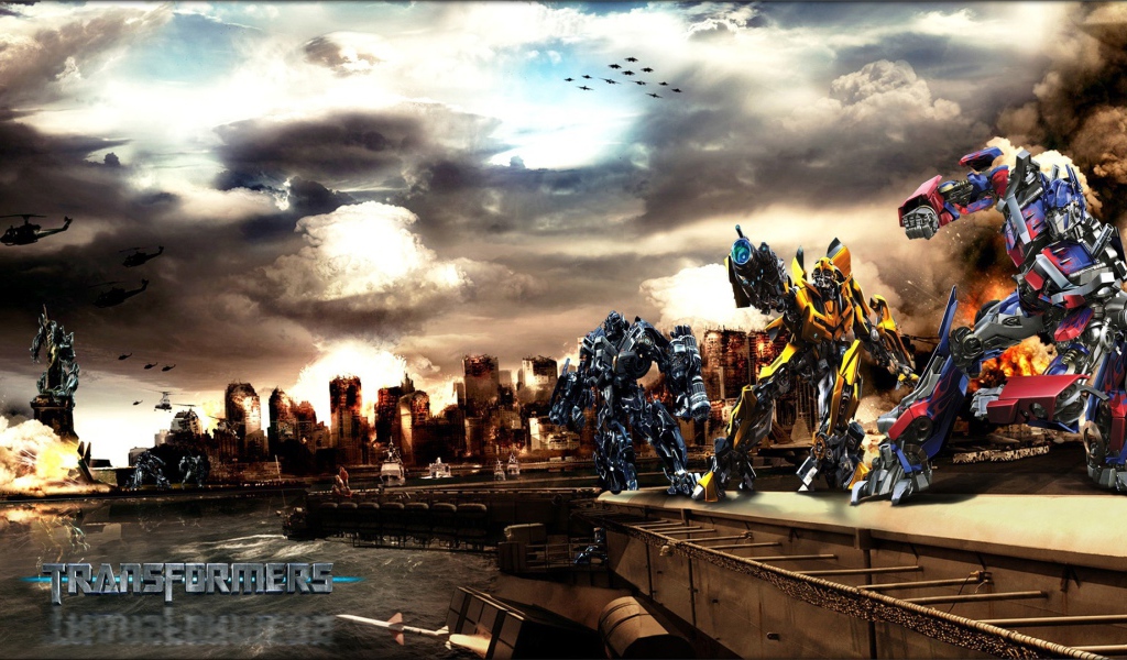 Трансформеры на набережной в разрушенном городе